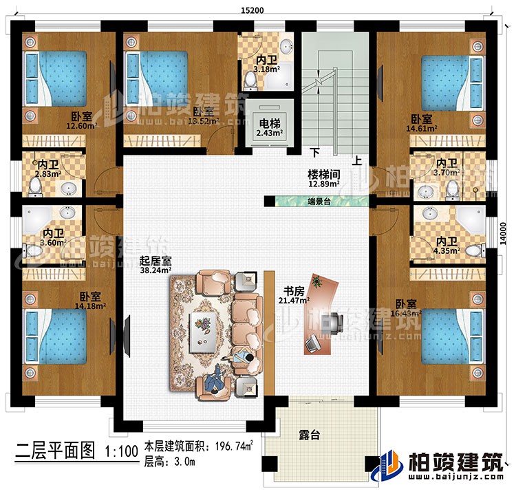 二层：楼梯间、端景台、起居室、书房、5卧室、电梯、5内卫、露台